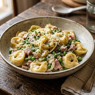 Tortellini mit Erbsen, Schinken und Sahnesoße