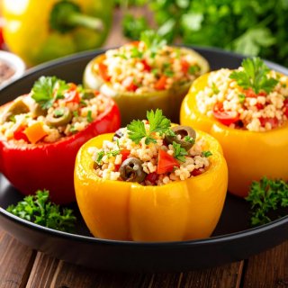 Gefüllte Paprika mit Bulgur, Oliven & Tomaten