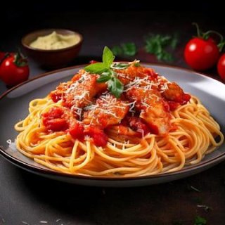 Spaghetti mit Tomaten-Sahnesoße & Hähnchenstreifen