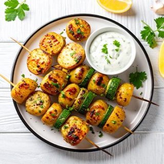 Kartoffel-Zucchini-Spieße mit Gurken Dip