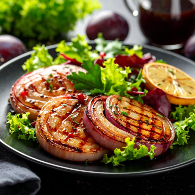 Zwiebelscheiben vom Grill mit Salat und Pflaumenvi